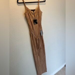 Elegant Tan Gold Maxi Dress with Spaghetti Straps